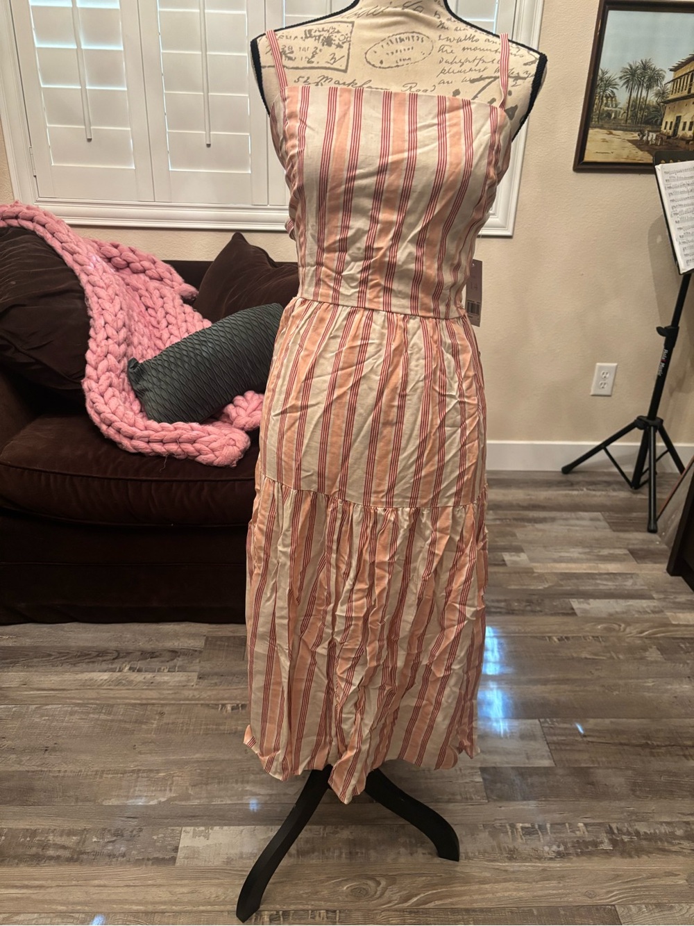 Donna Morgan Pink and Cream Striped Tiered Midi Dress